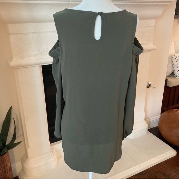 Olive Green Cold Shoulder Top Long Sleeve Blouse Flowy Size Small S - Picture 3 of 11